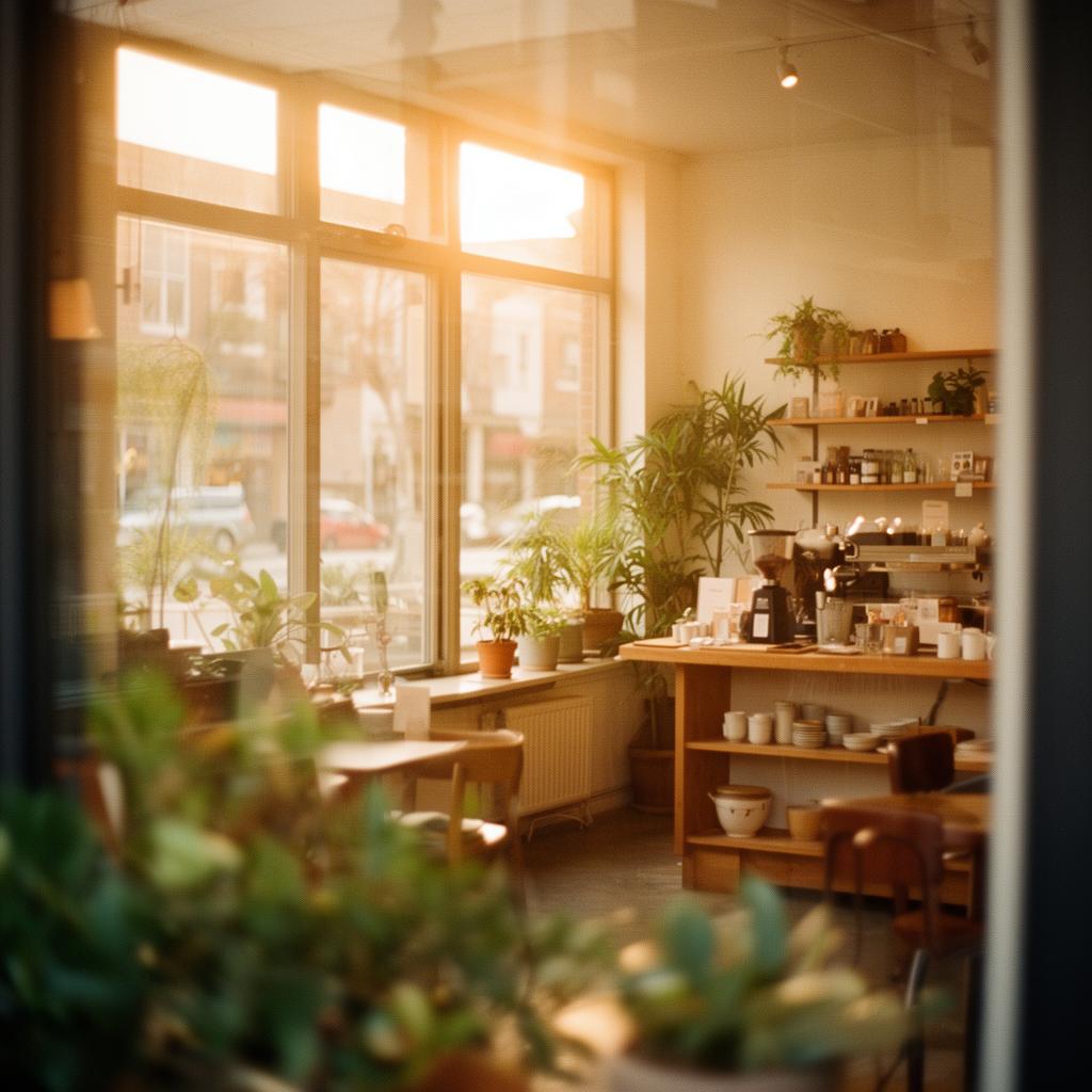 Warm, sun-drenched boutique storefront window